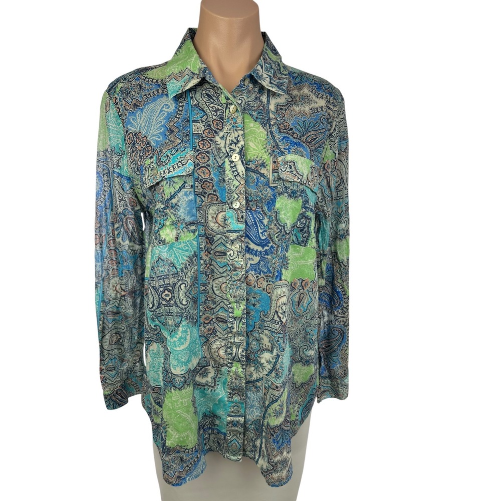 Chicos Blouse Blue Green Paisley Cotton Long Sleeve Button Down Size 2 L